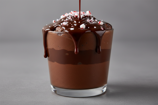 a smooth pudding ice cream like chocolate flavored dessert with a middle layer of chocolate ganache a little on top with crushed peppermint candy looks decadent small cup like this