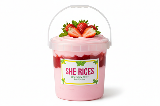 the first transparent tub with the handle was perfect this label is good just make the pudding pink because its strawberry flavor